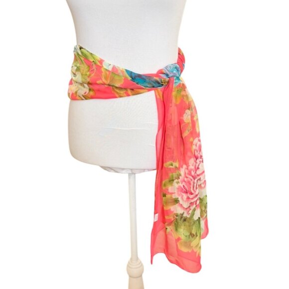 Summer Floral Garden Scarf Wrap Coral Chiffon Lightweight Sheer Silk-Feel Fabric - Picture 5 of 12